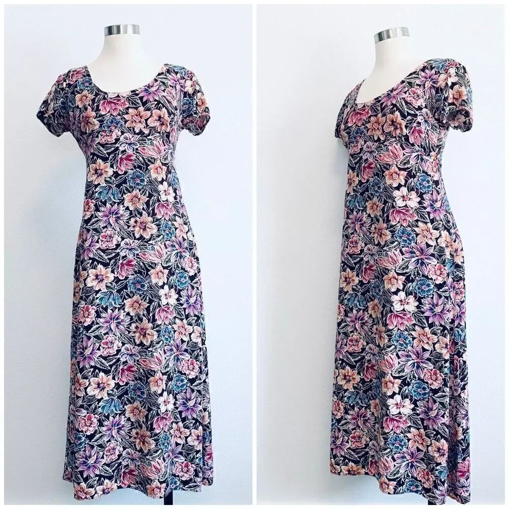 Vintage Floral Maxi Dress S Grunge Retro 90s Scoop Short Sleeve Tie
